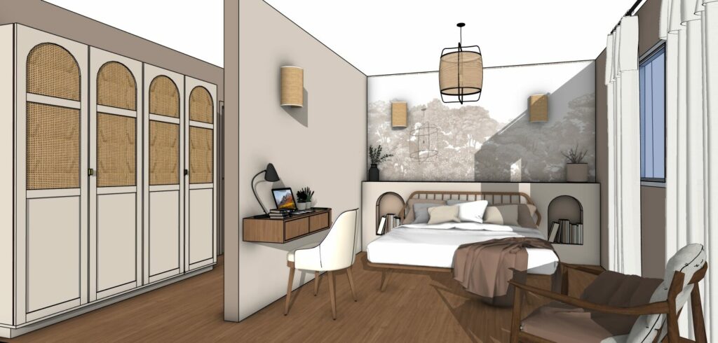 Chambre parentale avec dressing sur mesure, coin bureau intégré et tête de lit décorative.