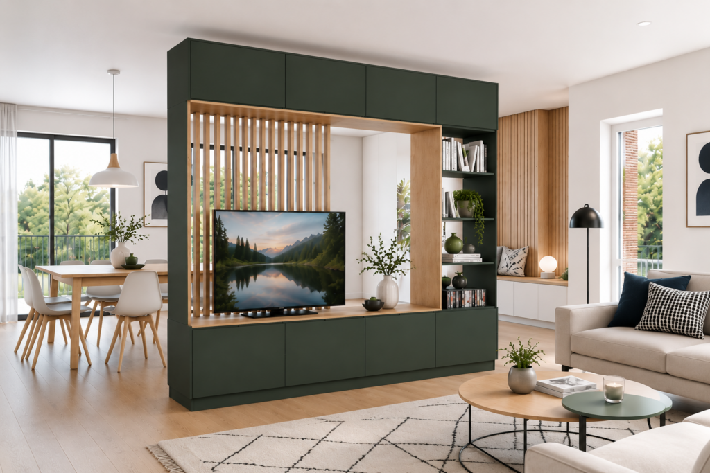 Meuble double face vert Canopée avec télévision intégrée, claustra bois, niches décoratives et rangements sur mesure.